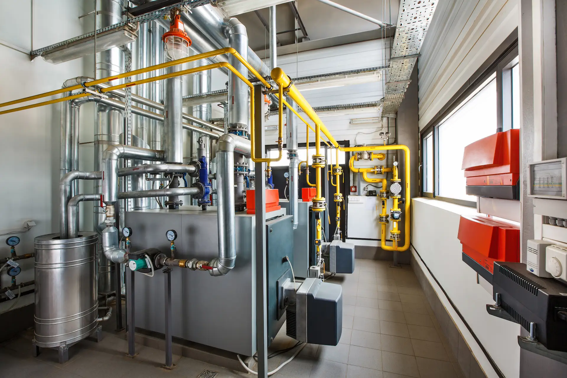 Industrial boiler setup with multiple valves and monitoring gauges.